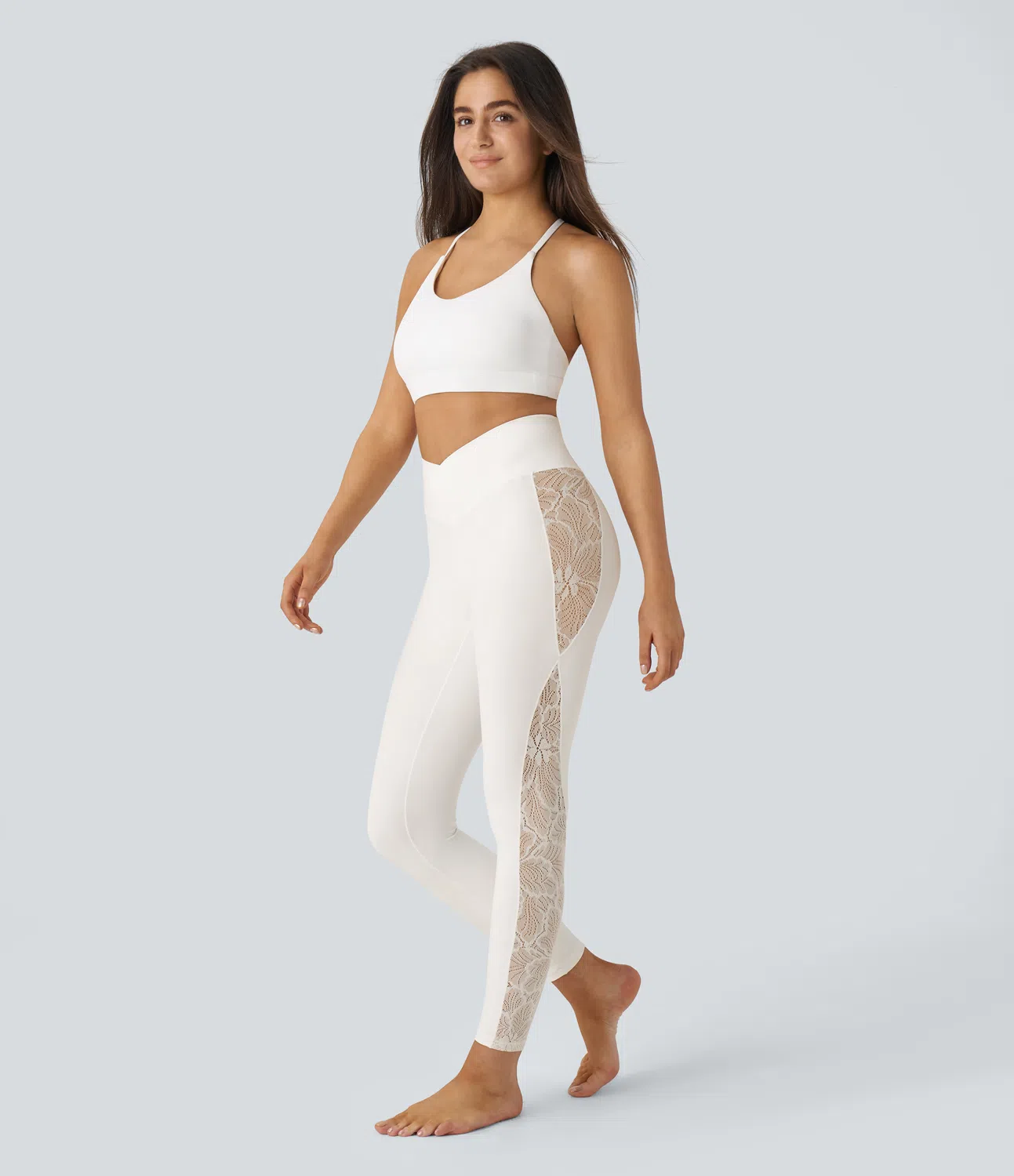 Softlyzero™ Yoga-Leggings mit hohem Bund und überkreuzter Spitze in Kontrastfarbe, Gesäßtasche, 7/8-Länge Softlyzero™ Yoga-Leggings mit hohem Bund und überkreuzter Spitze in Kontrastfarbe, Gesäßtasche, 7/8-Länge