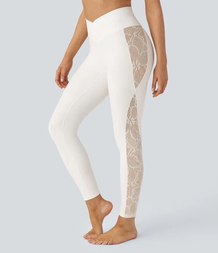 Softlyzero™ Yoga-Leggings mit hohem Bund und überkreuzter Spitze in Kontrastfarbe, Gesäßtasche, 7/8-Länge