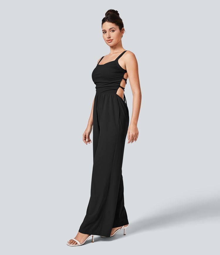 Breezeful™ Backless Crisscross Lace Up Side Pocket Quick Dry Casual Jumpsuit