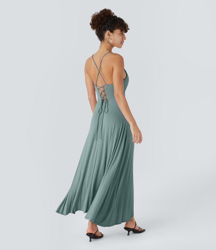 Ribbed Cowl Neck Backless Crisscross Lace Up Split Midi Party Dress