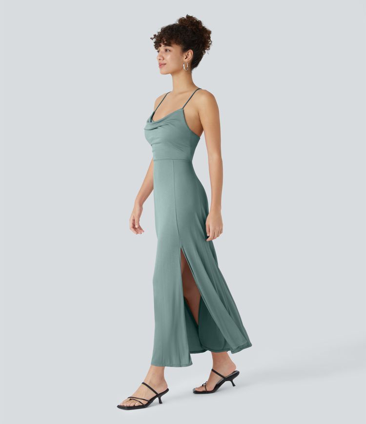 Ribbed Cowl Neck Backless Crisscross Lace Up Split Midi Party Dress