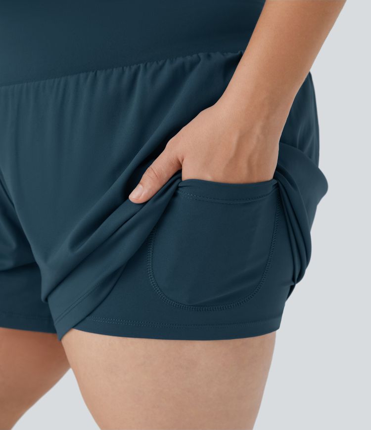 Super High Waisted Pocket & Pocket 2-in-1 Yoga Plus Size Shorts 4''-Longer Length