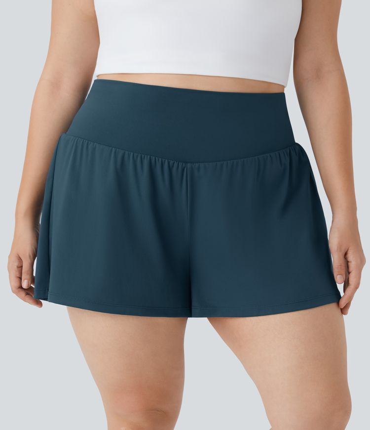 Super High Waisted Back Pocket & Side Hidden Pocket 2-in-1 Yoga Plus Size Shorts 4''-Longer Length