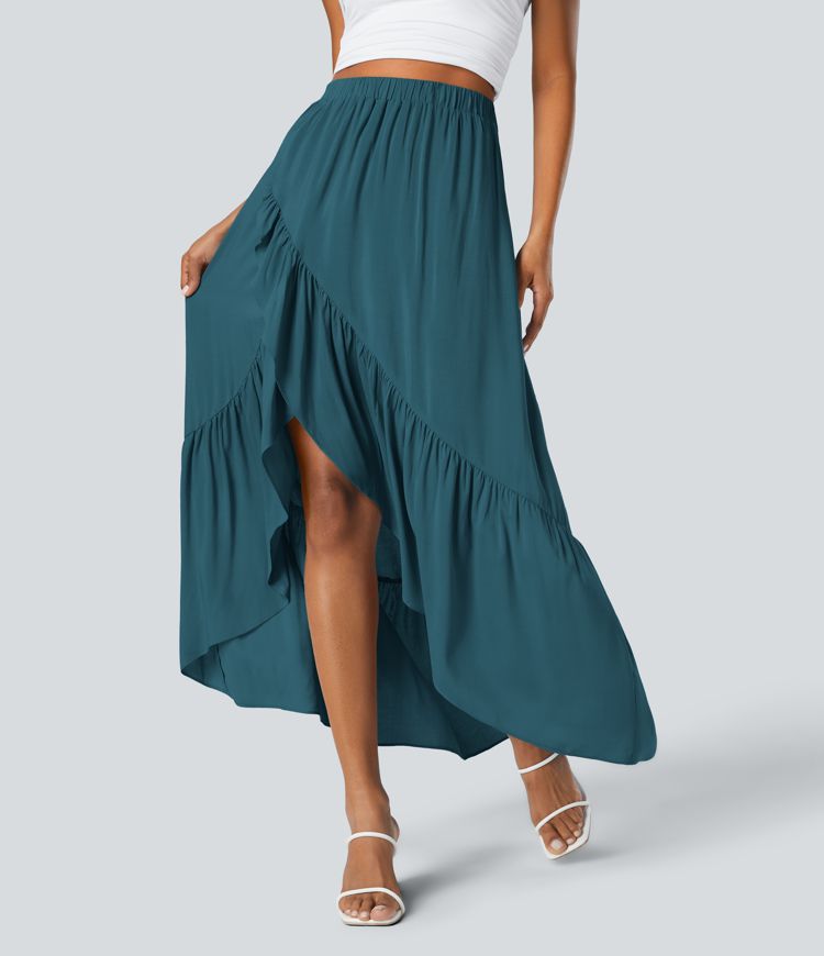 High Waisted High Low Ruffle Hem Flowy Maxi Skirt