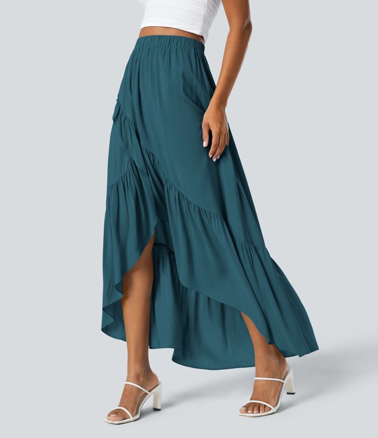 High Waisted High Low Ruffle Hem Flowy Maxi Resort Skirt