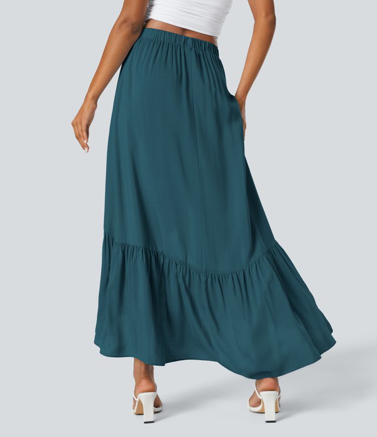 High Waisted High Low Ruffle Hem Flowy Maxi Skirt