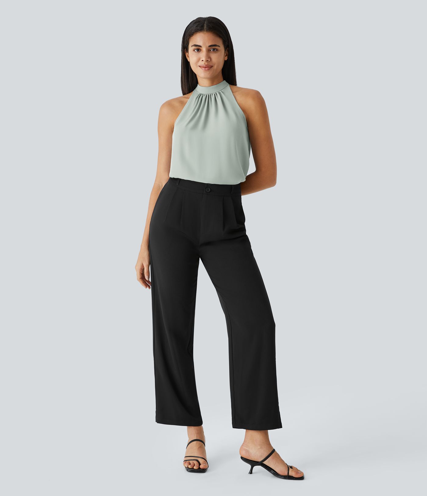 Keyhole Back Halter Sleeveless Curved Hem Work Blouse