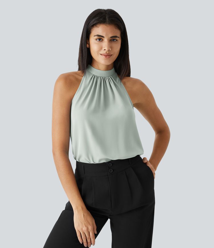 Keyhole Back Halter Sleeveless Curved Hem Work Blouse