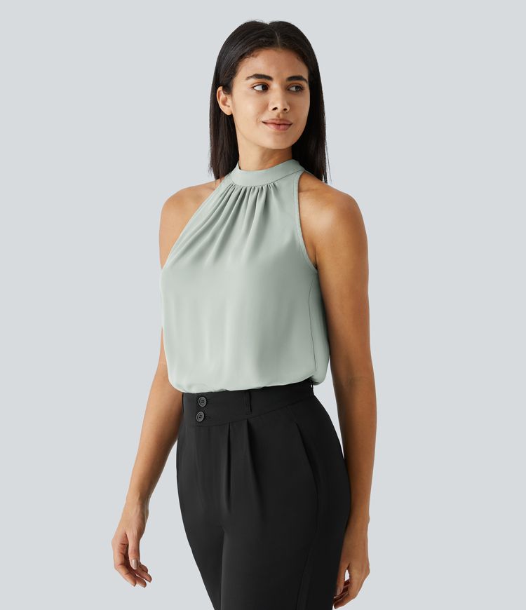Keyhole Back Halter Sleeveless Curved Hem Work Blouse