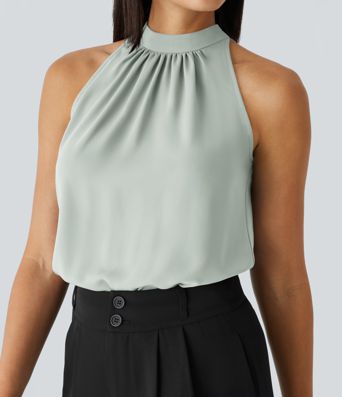Keyhole Back Halter Sleeveless Curved Hem Work Blouse