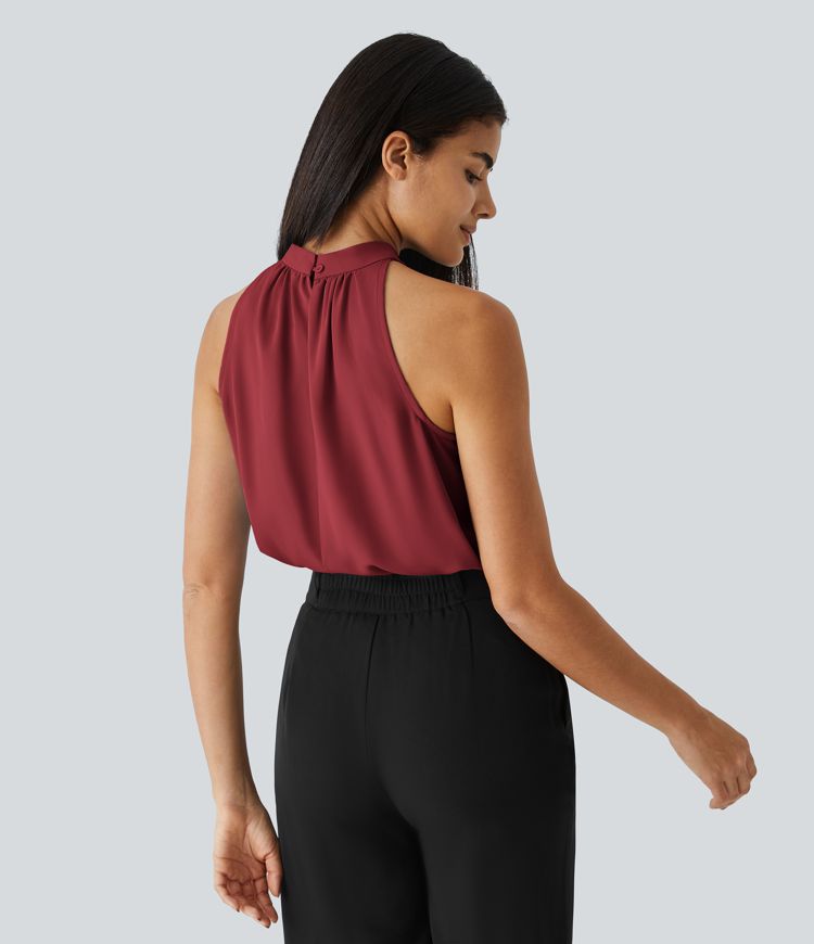 Keyhole Back Halter Sleeveless Curved Hem Work Blouse