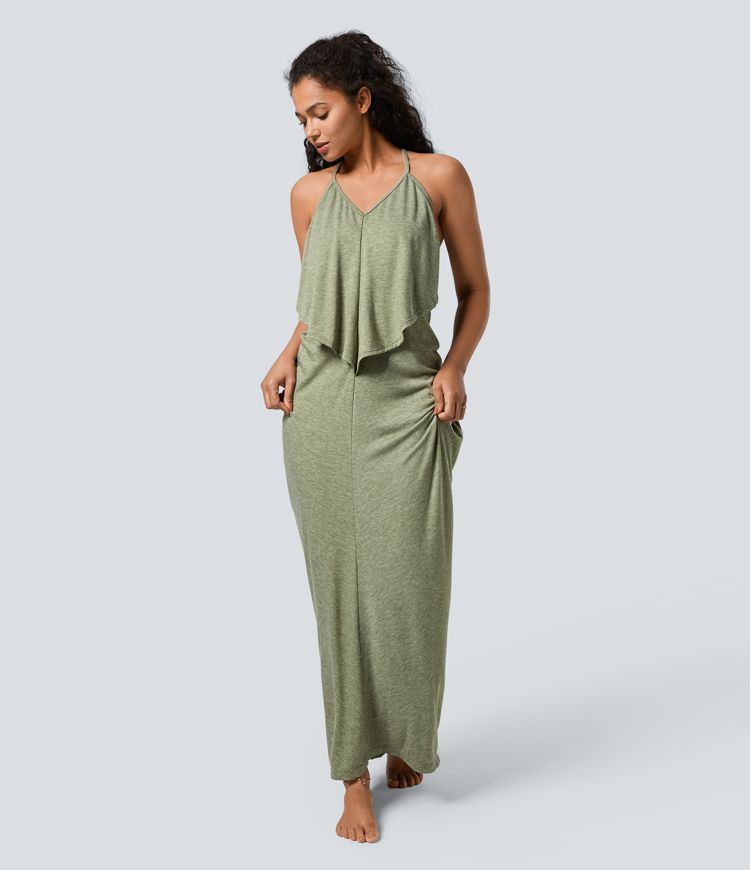 V-neck backless tie-back ruched maxi resort slip dress