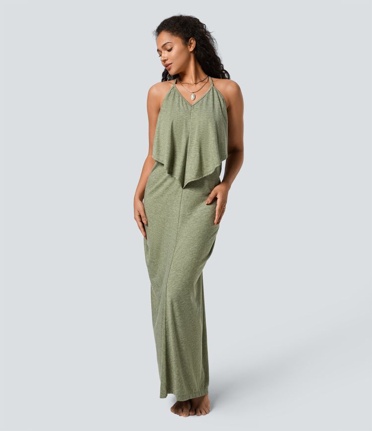 V Neck Backless Tie Back Ruched Maxi Resort Slip Dress