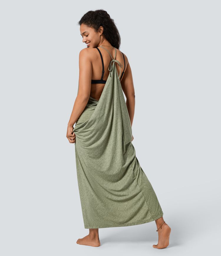 V-neck backless tie-back ruched maxi resort slip dress