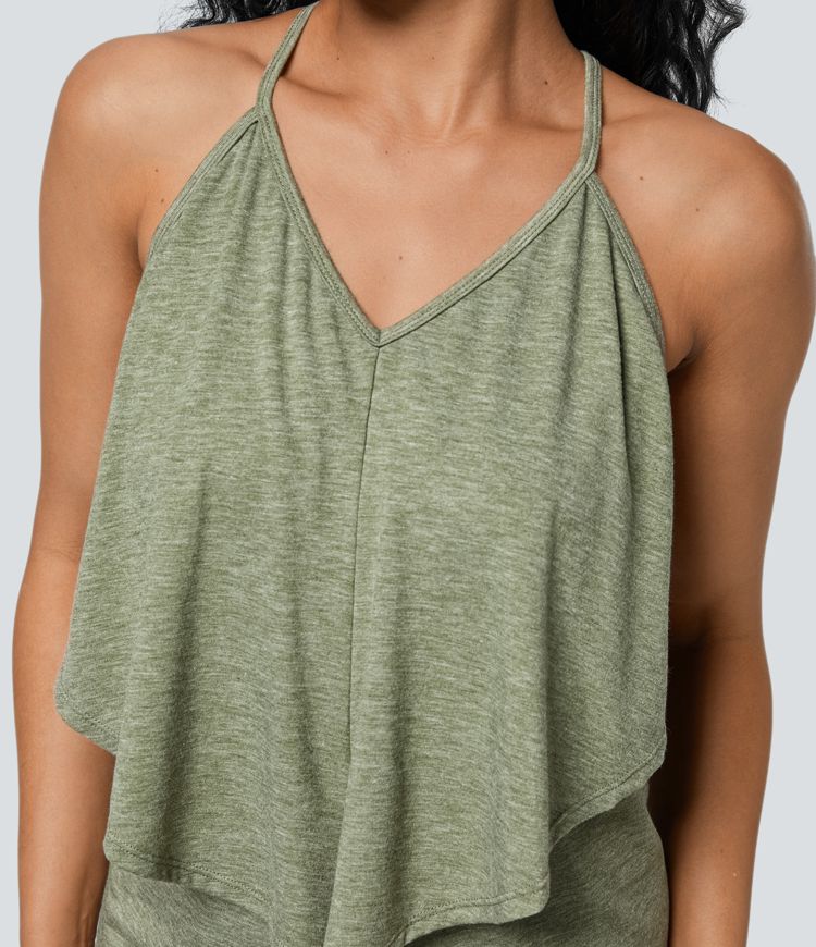 V-neck backless tie-back ruched maxi resort slip dress