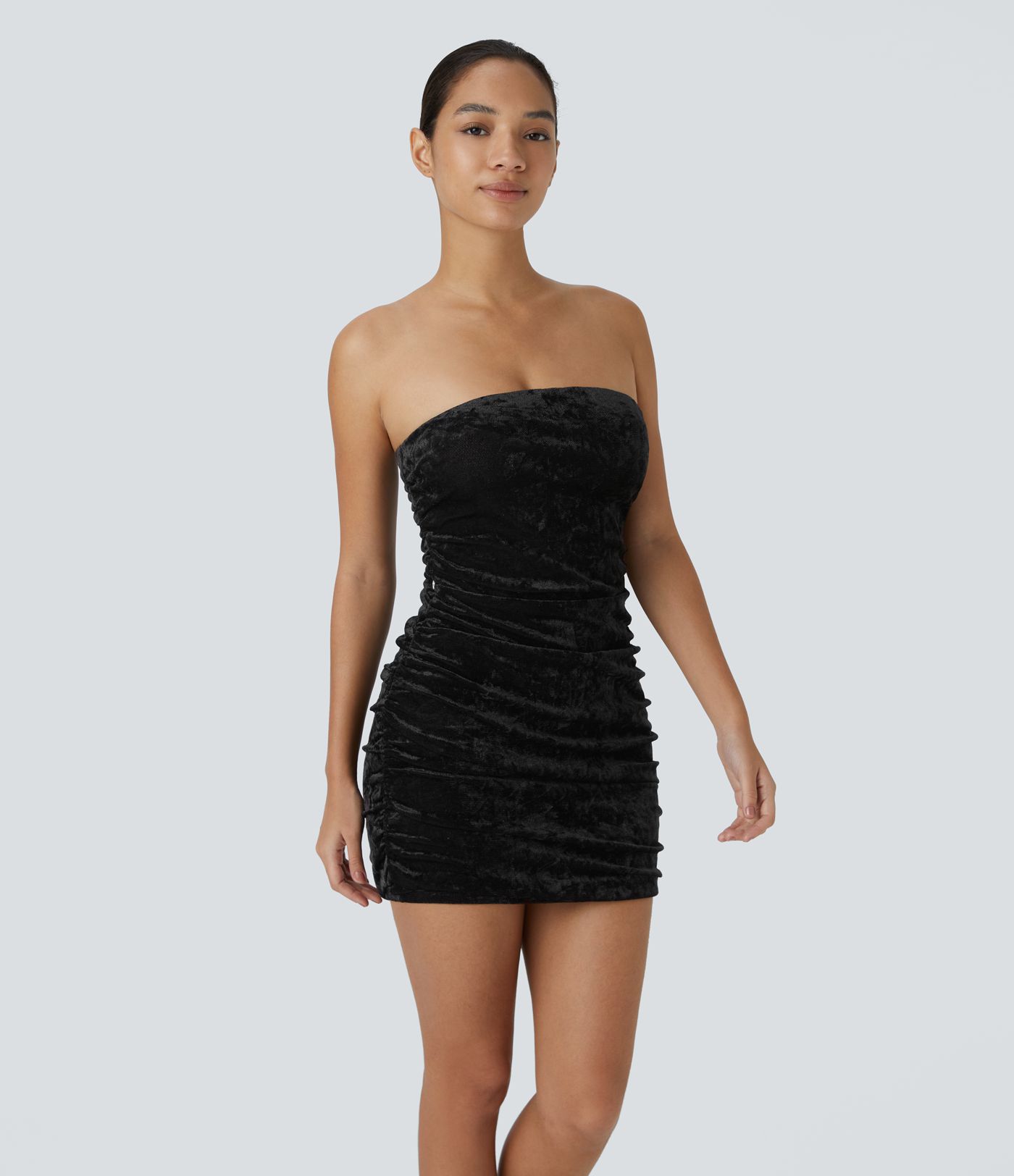 Vestido fiesta largo ajustado terciopelo frunce ribete volante lazo lateral