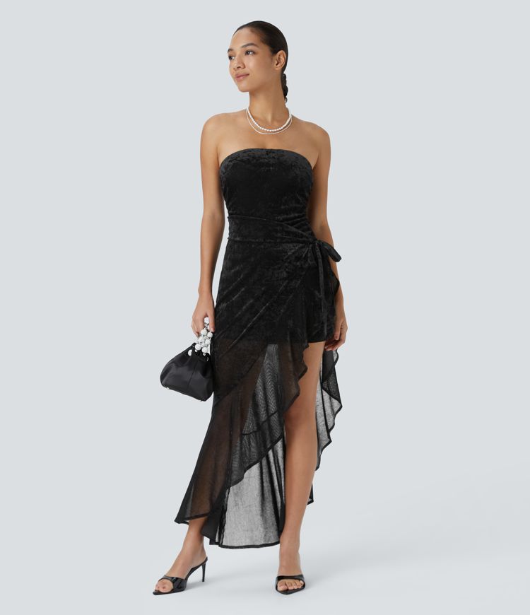 Vestido fiesta largo ajustado terciopelo frunce ribete volante lazo lateral