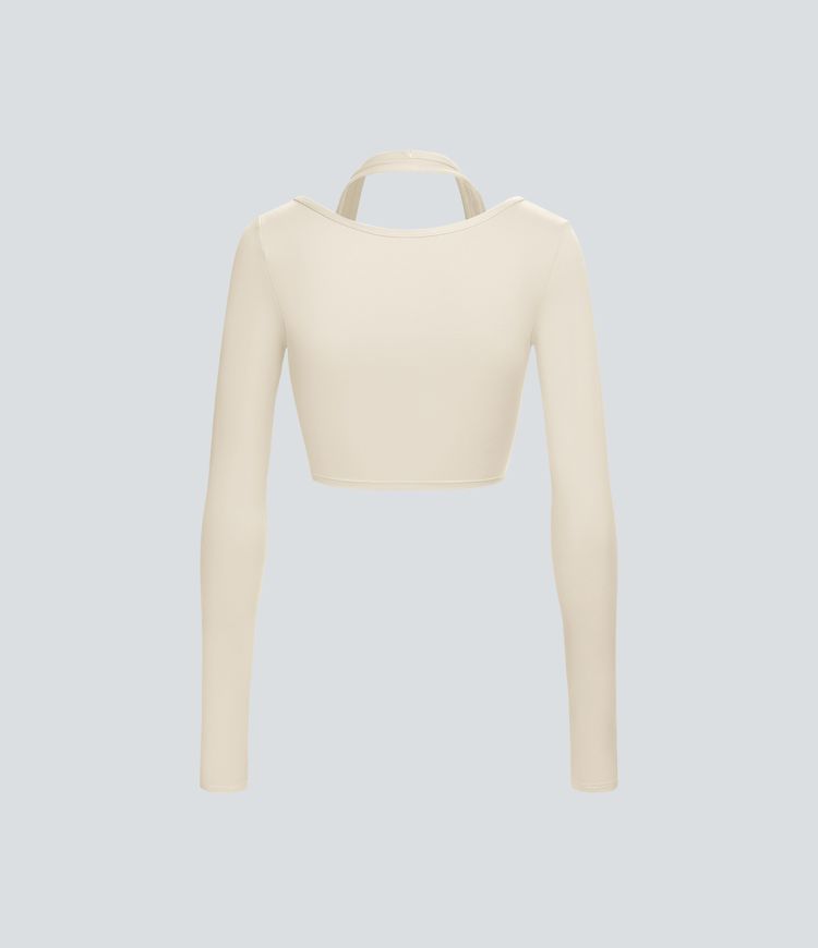 Top deportivo Softlyzero™ Plush yoga 2 en 1 recortado manga larga orificio para pulgar cuello halter