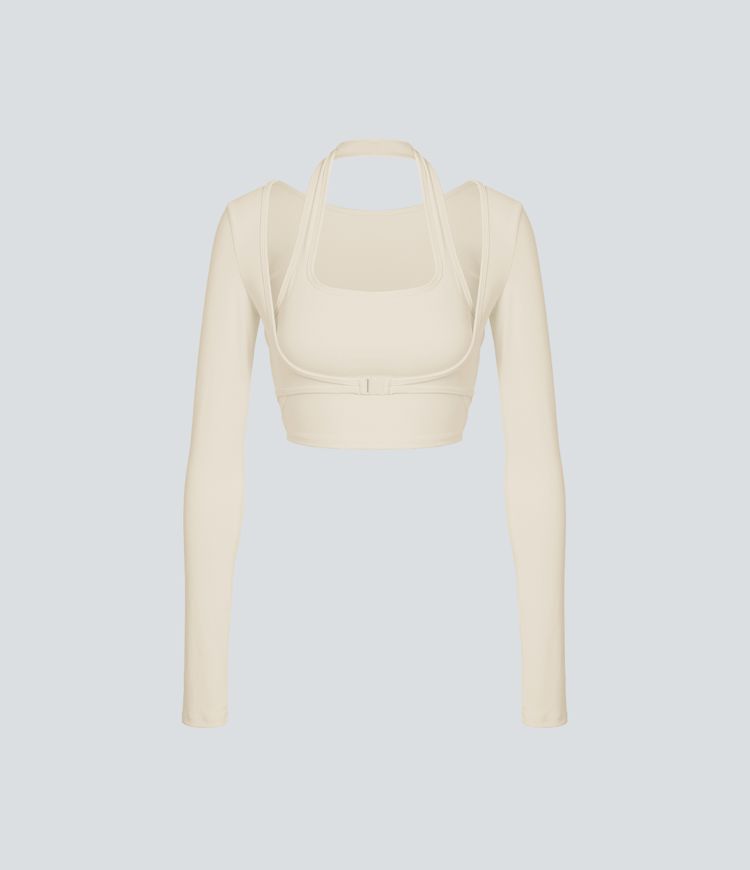 Top deportivo Softlyzero™ Plush yoga 2 en 1 recortado manga larga orificio para pulgar cuello halter