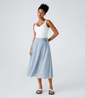 High Waisted Drawstring Contrast Mesh 2-in-1 Pocket Flowy Midi Flare Casual Skirt
