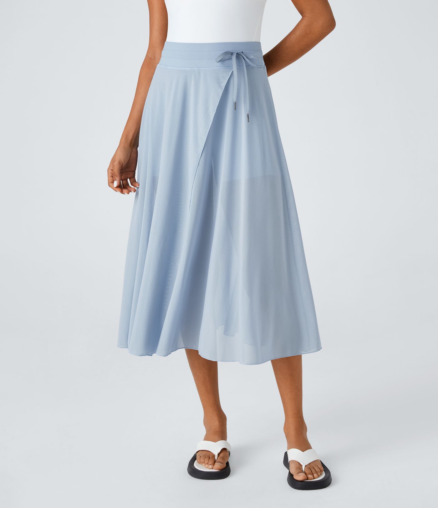 High Waisted Drawstring Contrast Mesh 2-in-1 Pocket Flowy Midi Flare Casual Skirt