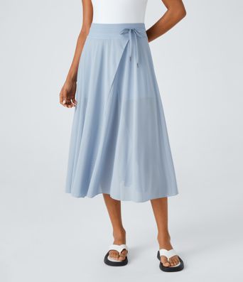 High Waisted Drawstring Contrast Mesh 2-in-1 Pocket Flowy Midi Flare Casual Skirt