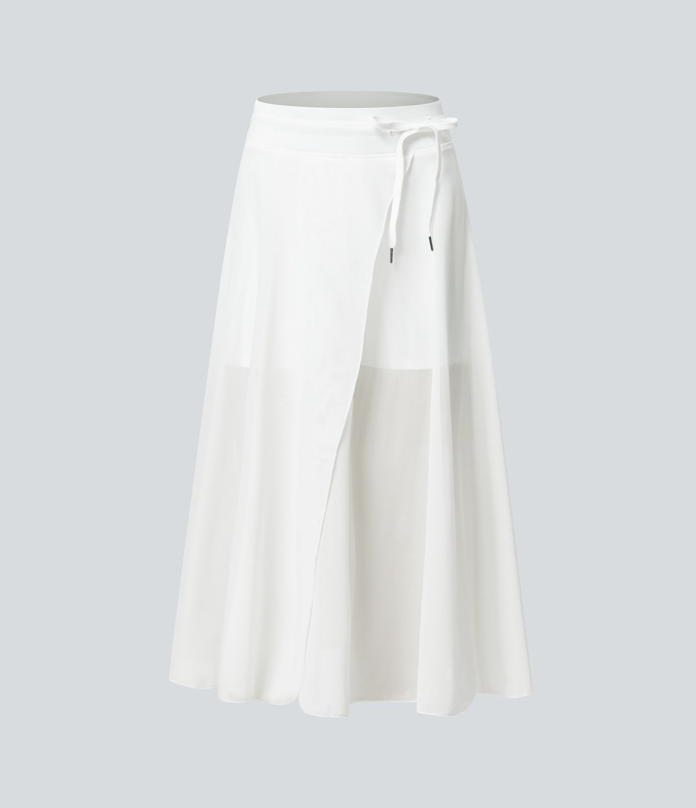 High Waisted Drawstring Contrast Mesh 2-in-1 Pocket Flowy Women Long Flare Smart Casual Midi Skirt