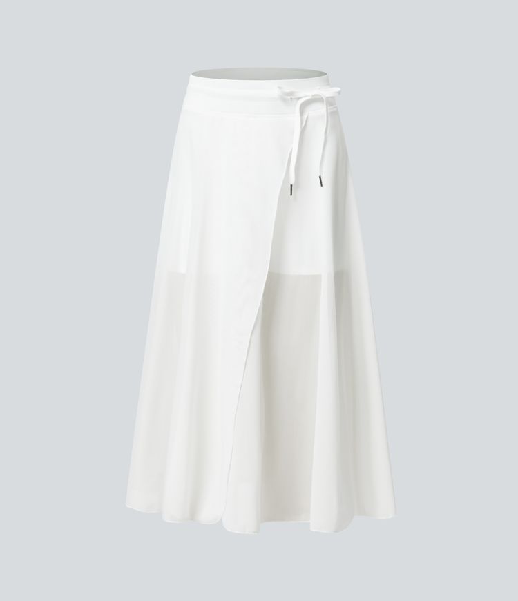 High Waisted Drawstring Contrast Mesh 2-in-1 Pocket Flowy Midi Flare Casual Skirt
