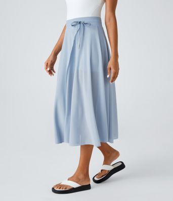 High Waisted Drawstring Contrast Mesh 2-in-1 Pocket Flowy Midi Flare Casual Skirt