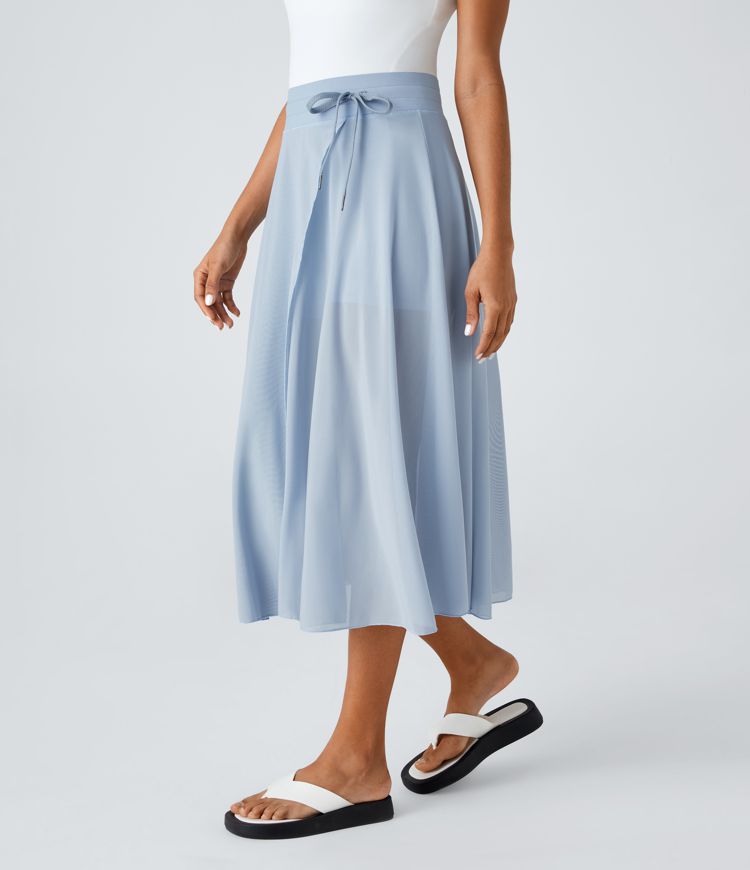 High Waisted Drawstring Contrast Mesh 2-in-1 Pocket Flowy Midi Flare Casual Skirt