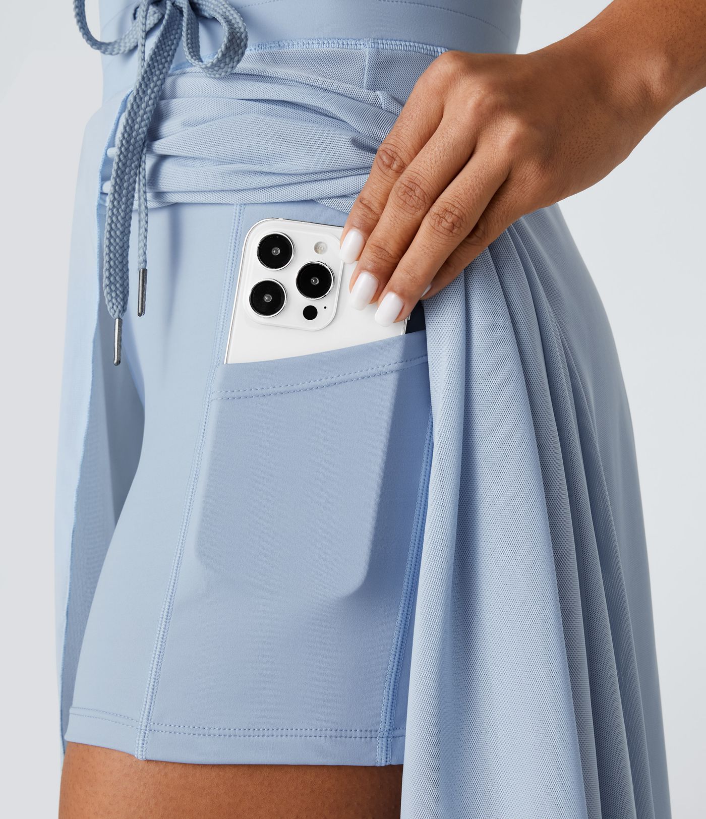 High Waisted Drawstring Contrast Mesh 2-in-1 Pocket Flowy Midi Flare Casual Skirt