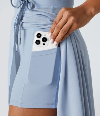 High Waisted Drawstring Contrast Mesh 2-in-1 Pocket Flowy Midi Flare Casual Skirt