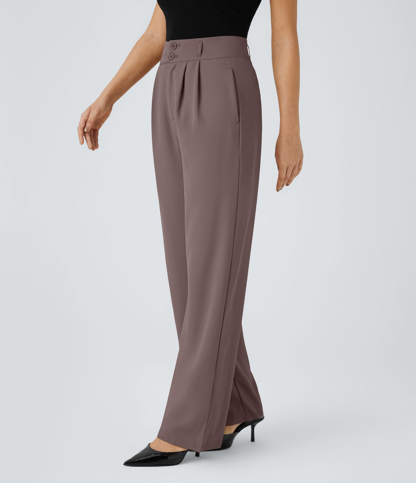 Pantalón oficina tiro alto botón cremallera bolsillo lateral fruncido pierna recta