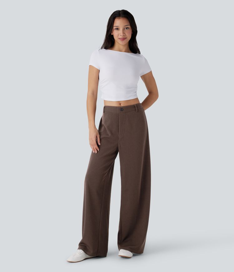 Ribbed Adjustable Waist Pocket Wide Leg Casual Pants