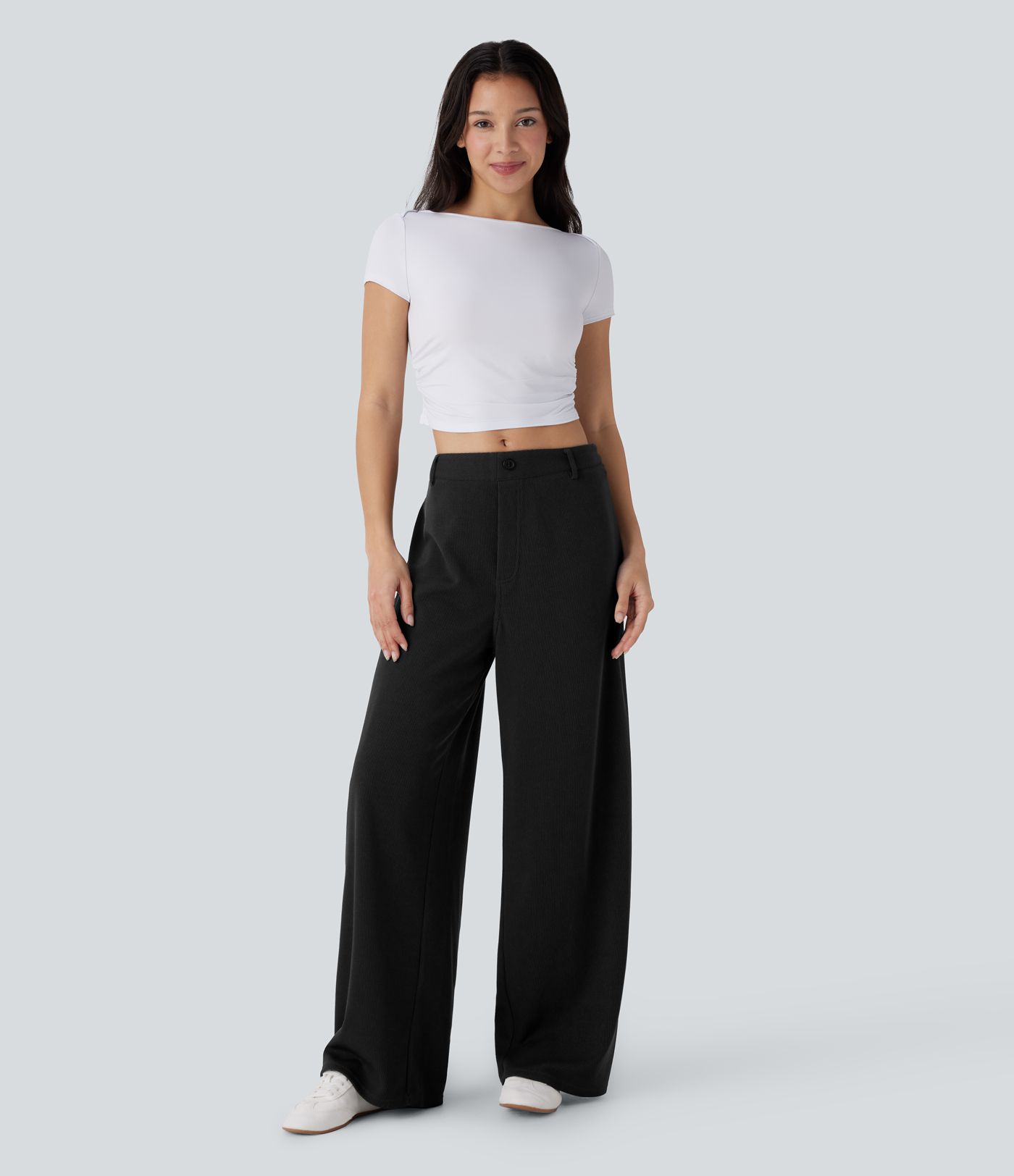 Pantalón pierna ancha bolsillo trasero tiro ajustable acanalada