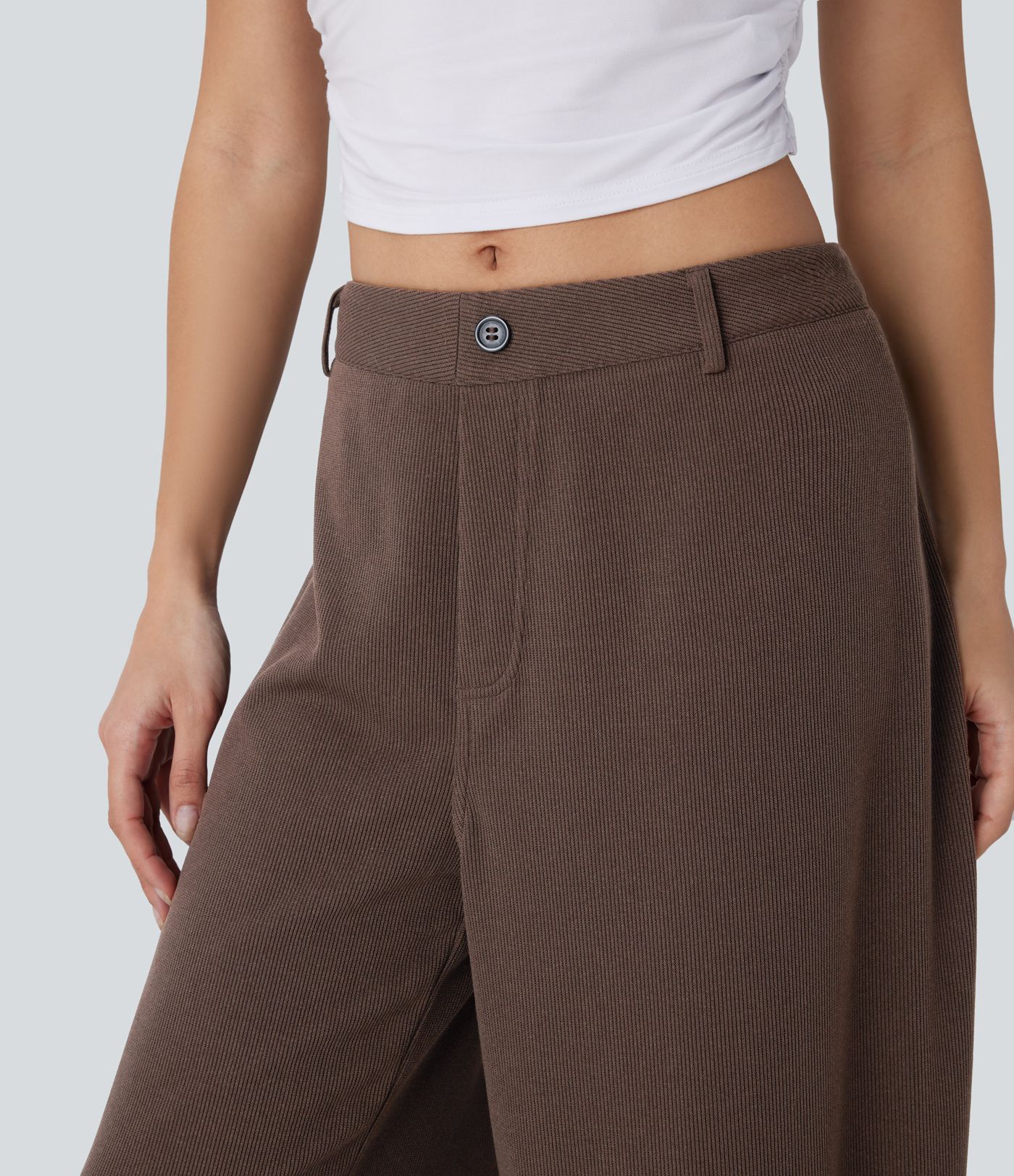 Ribbed Adjustable Waist Pocket Wide Leg Casual Pants