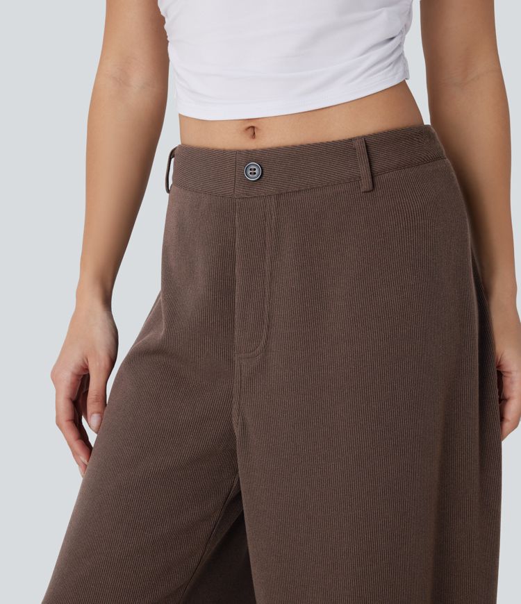 Ribbed Adjustable Waist Pocket Wide Leg Casual Pants
