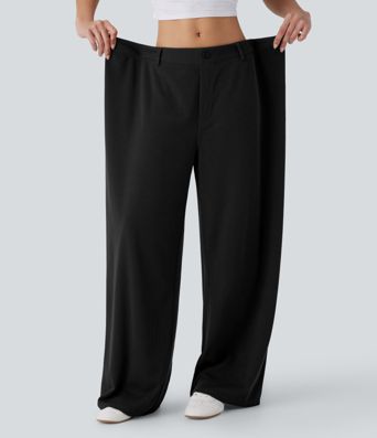 Pantalón pierna ancha bolsillo trasero tiro ajustable acanalada