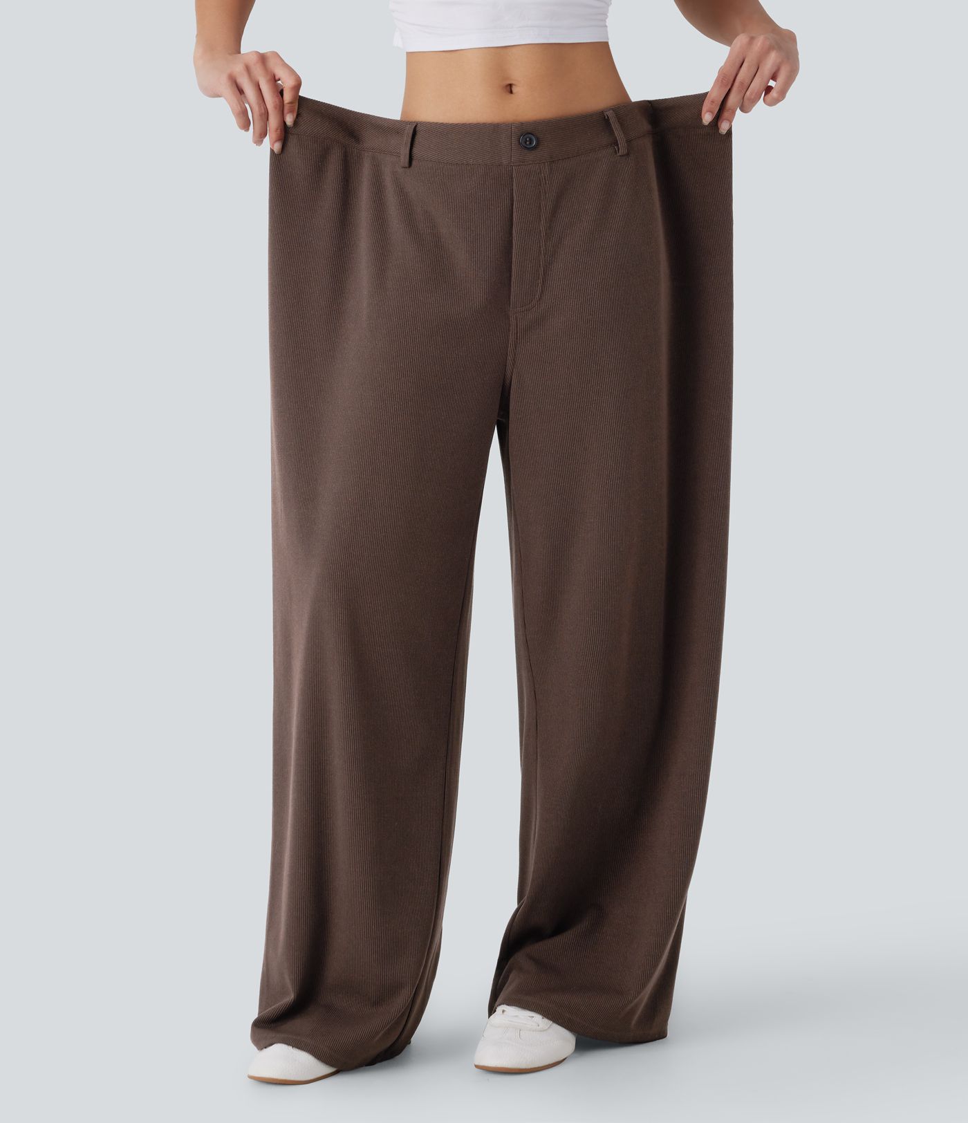 Ribbed Adjustable Waist Pocket Wide Leg Casual Pants