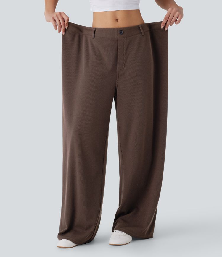 Ribbed Adjustable Waist Pocket Wide Leg Casual Pants