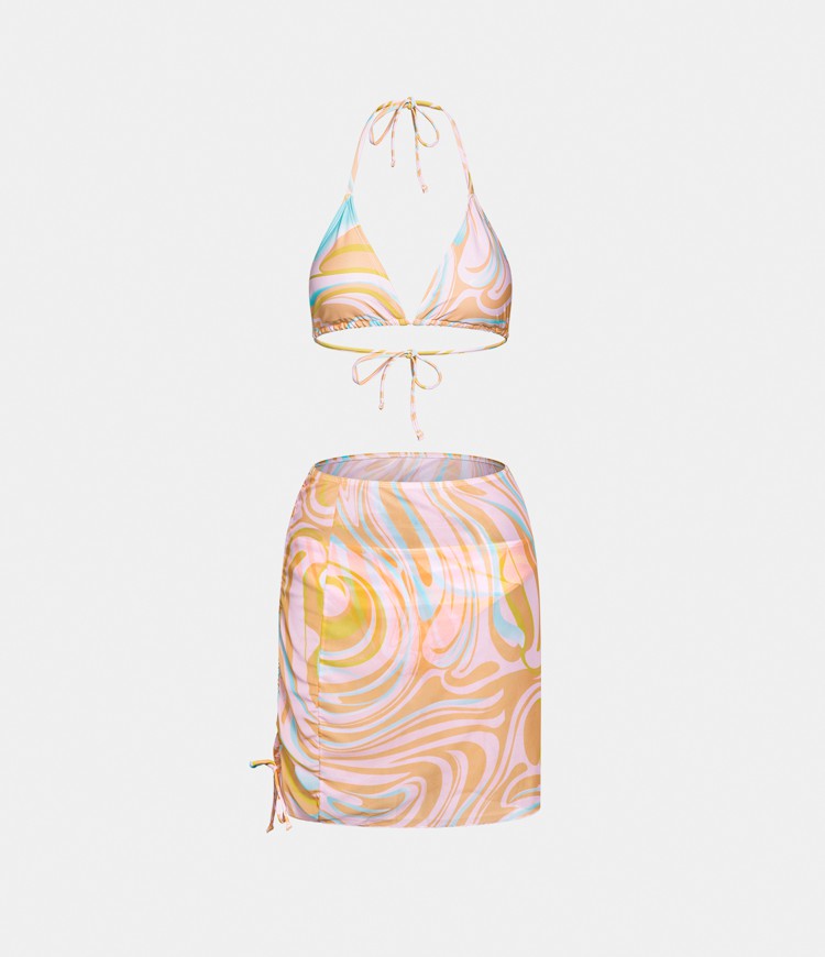 Geometric Print Tie Back Side Drawstring 3-Piece Swimsuit