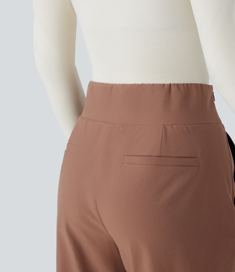 Water Repellent Mid High Waisted Invisible Zipper Side Pocket Split Twill Work Trousers