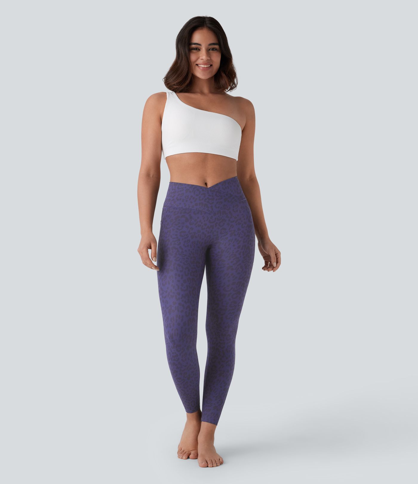 7/8-Crossover-Yoga-Leggings mit hohem Bund, Seitentaschen und Leopardenmuster