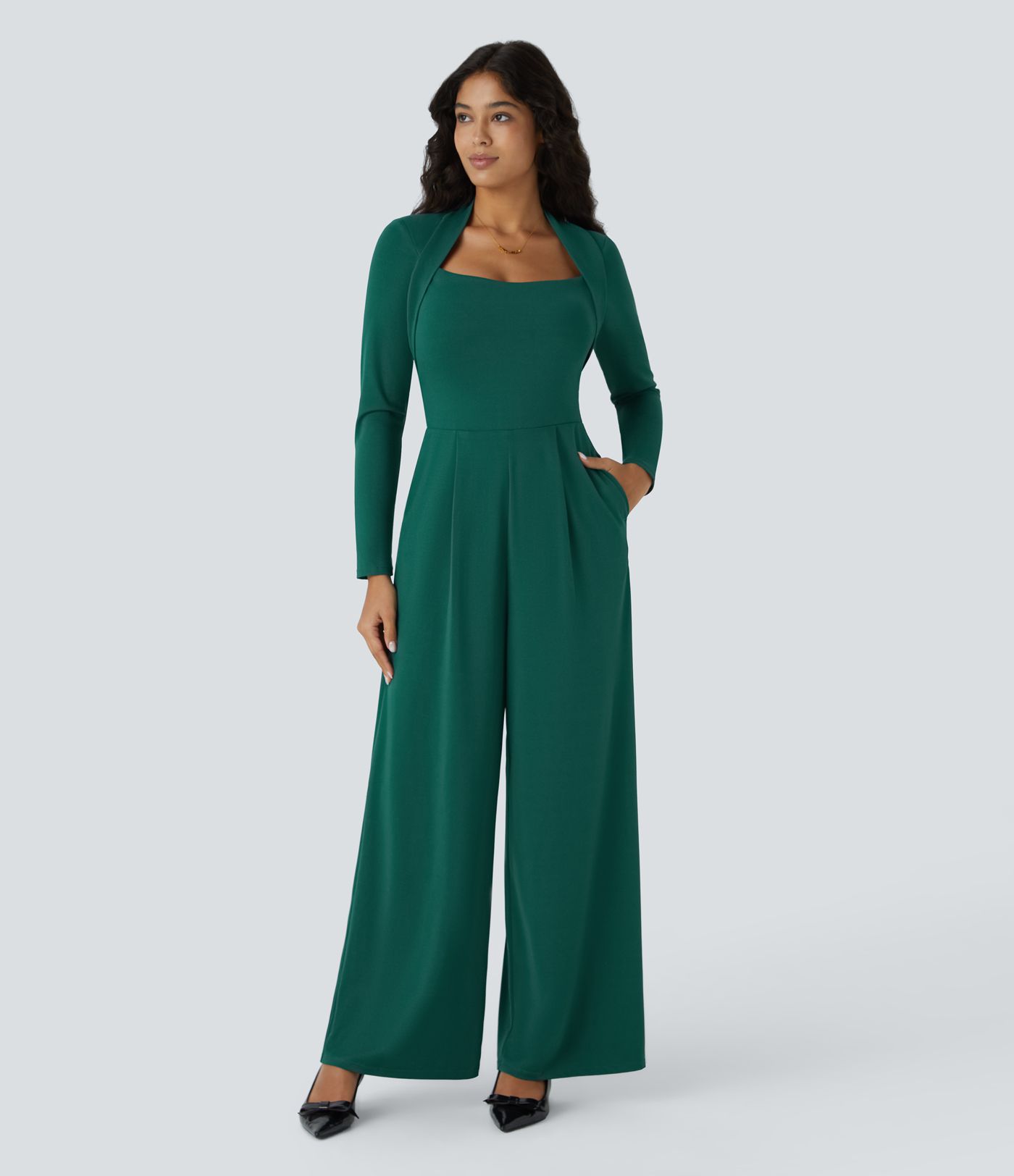 Jumpsuit für Brautjungfern und Hochzeitsgäste mit langen Ärmeln, Seitentasche, unsichtbarem Reißverschluss und weitem Bein - pipi-praktisch