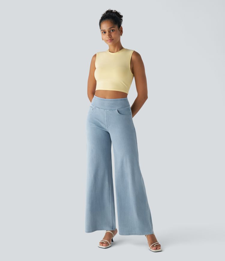 Halara Flex™ 하이웨이스트 멀티플 포켓 와이드 루즈 스트레치 니트 워크룩 청바지