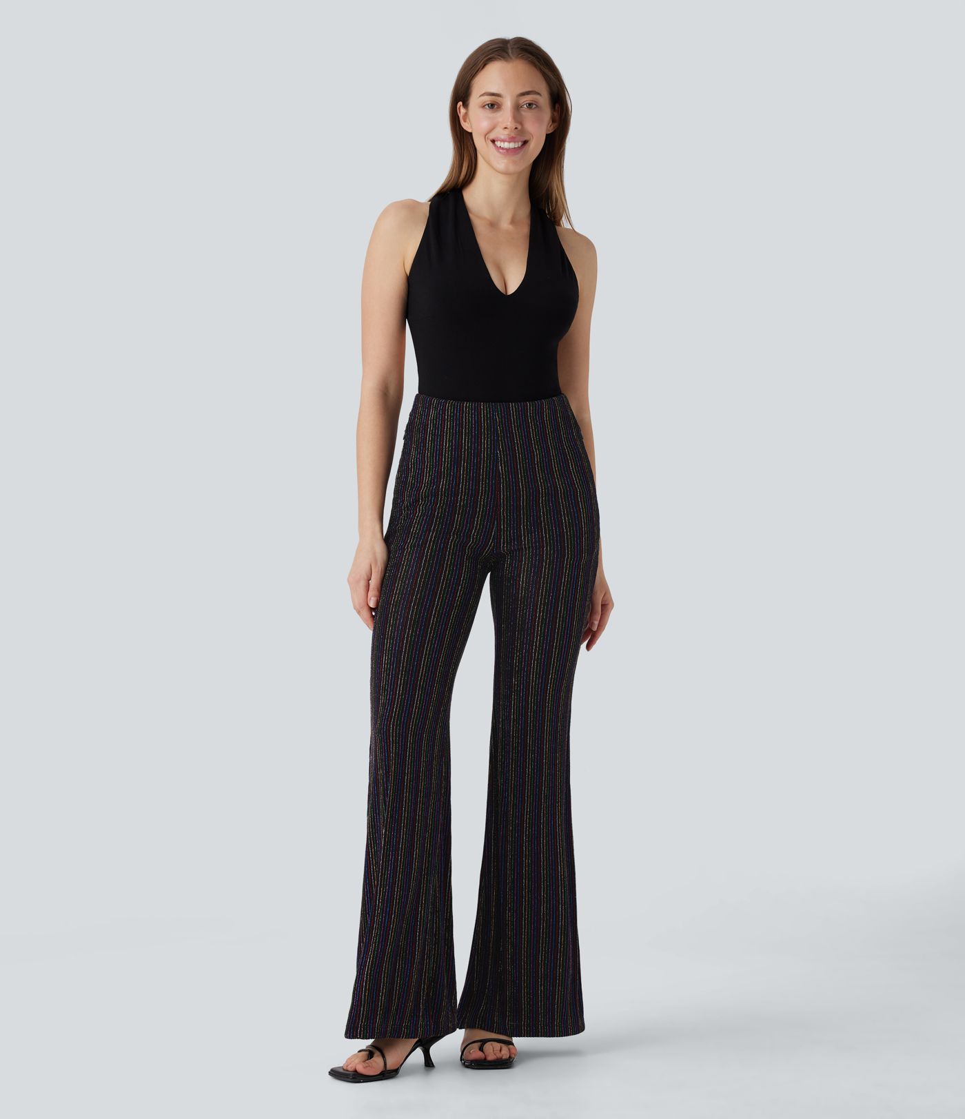 Pantalon flare taille haute, effet sparkle avec poche