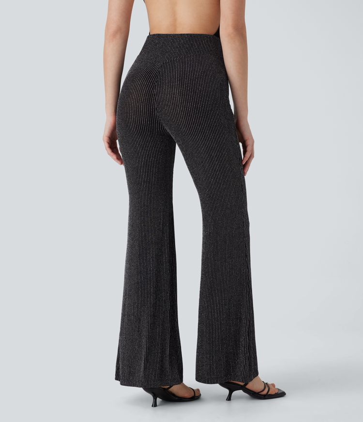 Pantalon flare taille haute, effet sparkle avec poche