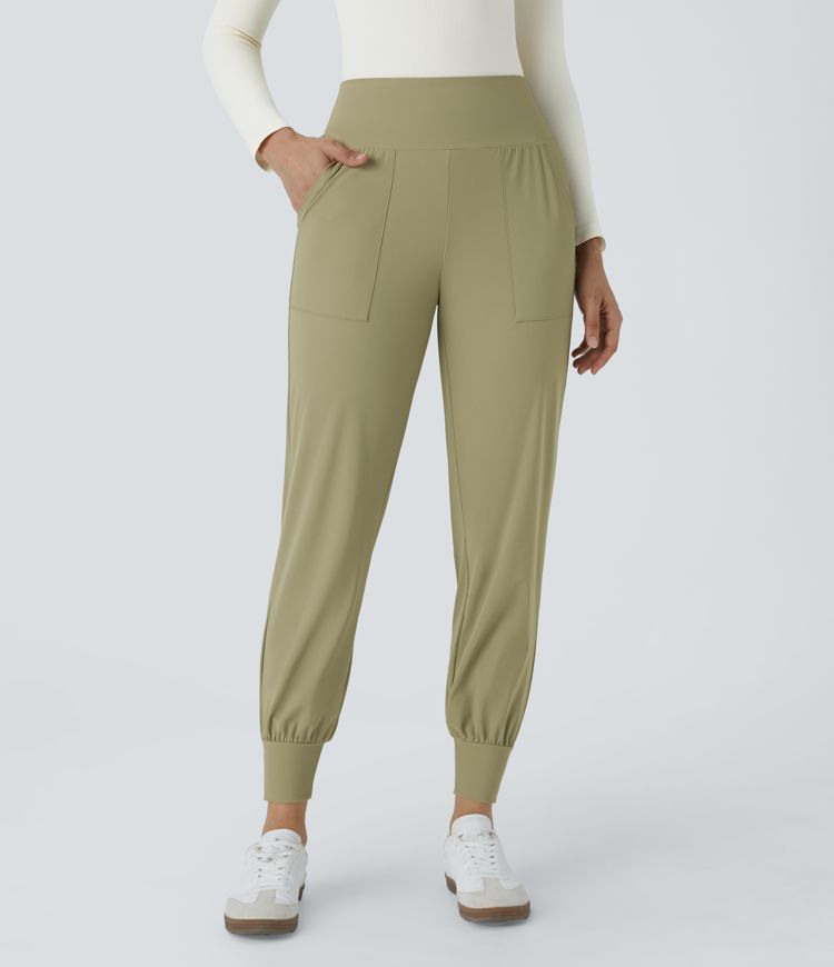 High Waisted Plain Side Pocket Casual Joggers