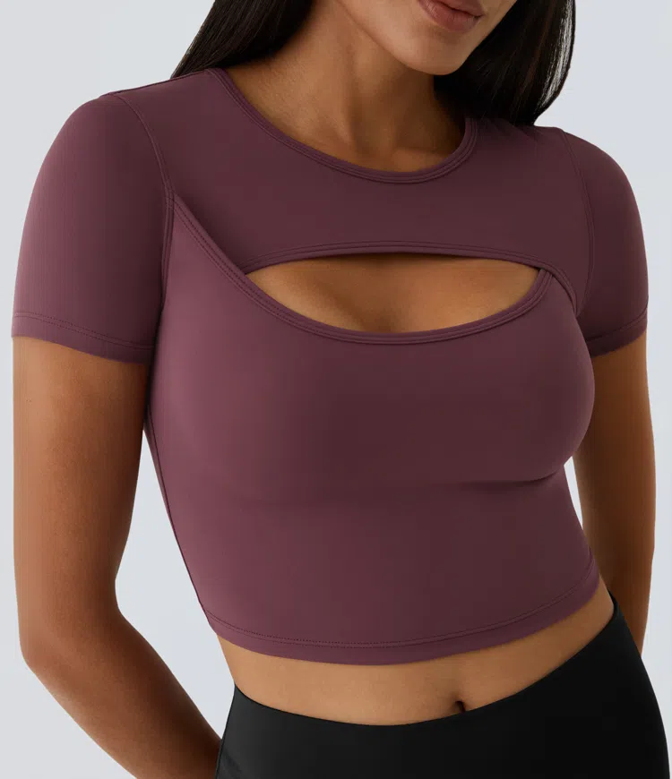 SoftlyZero™ Plush Round Neck Cut Out Short Sleeve Cropped Barre Ballet Dance Sports Top