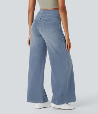 Halara Flex™ Baggy Jeans aus verwaschenem Stretch-Strick mit hohem Bund, mehreren Taschen und weitem Bein, Wide Leg Jeans